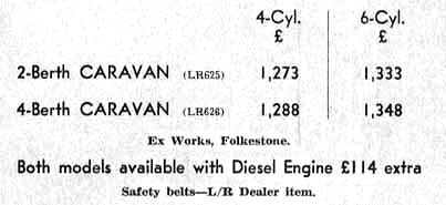 A photo showing the Martin Walter catalog listing for 2 berth and 4 berth Land Rover Dormobiles.